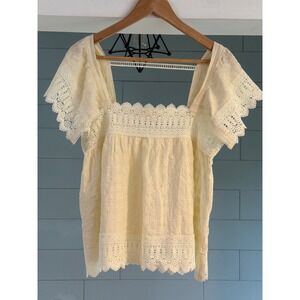 Ellison Cream Yellow Eyelet Lace Flutter Sleeve Babydoll Blouse RT2835-6 Mens M